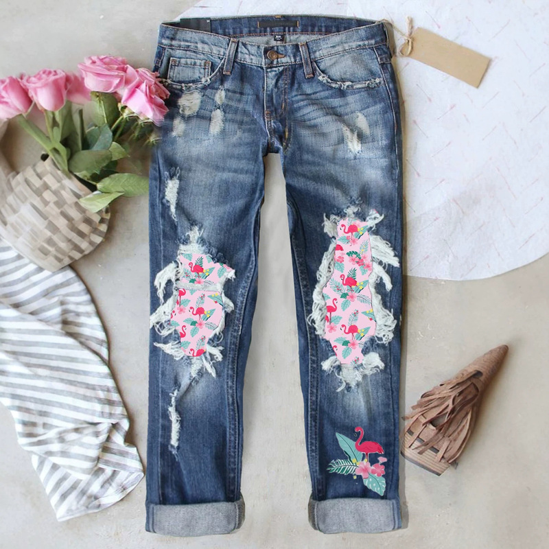 Temu's New European and American Style Tropical Vibe Distressed Pink Flamingo Faded Vintage Straight-Leg Jeans Temu's New European and American Style Tropical Vibe Distressed Pink Flamingo Faded Vintage Straight-Leg Jeans