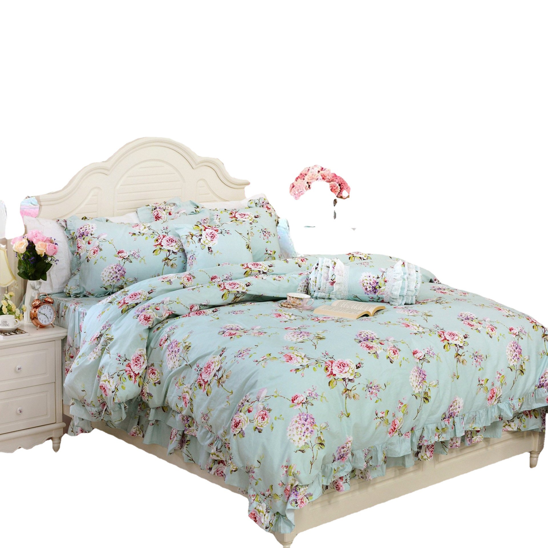 亚马逊法式乡村纯棉印花被套四件套蕾丝花边欧美床品床裙罩款枕套