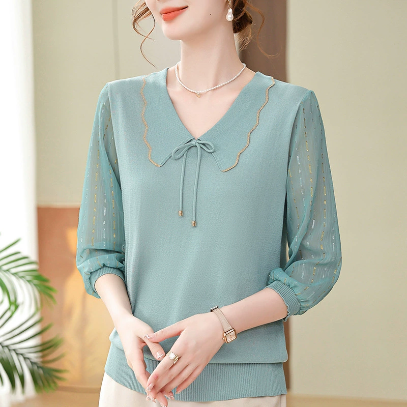 Мама весенняя трикотажная рубашка с уменьшением жизненные лацканы топ среднего и пожилого возраста женская весенняя и осенняя рубашка с длинными рукавами из двух частей