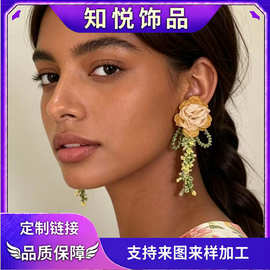 亚马逊海边度假风布艺流苏花朵耳钉女设计感耳环夏季百搭女士首饰