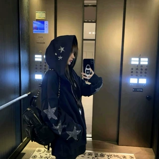 美式风星星烫钻连帽卫衣情侣款春秋季设计感十足精致男女拉链外套