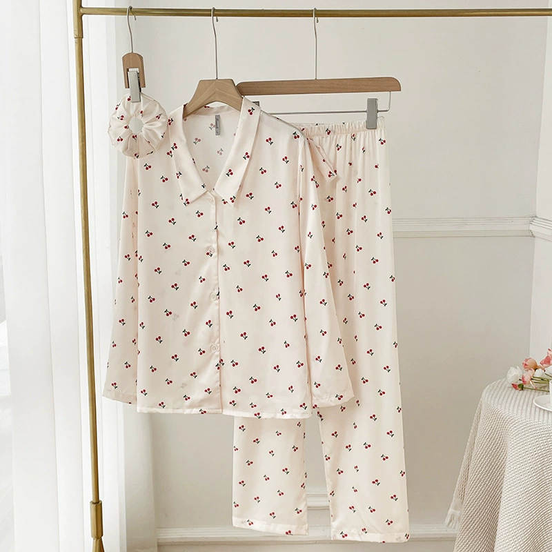 Женские пижамы Cherry, весна-осень 2024, новые, из ледяного шелка, домашний костюм для девочек, пижамы для женщин