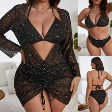 【欧美大码三件套女士泳装】长袖连体裙式抽绳设计分体三角比基尼