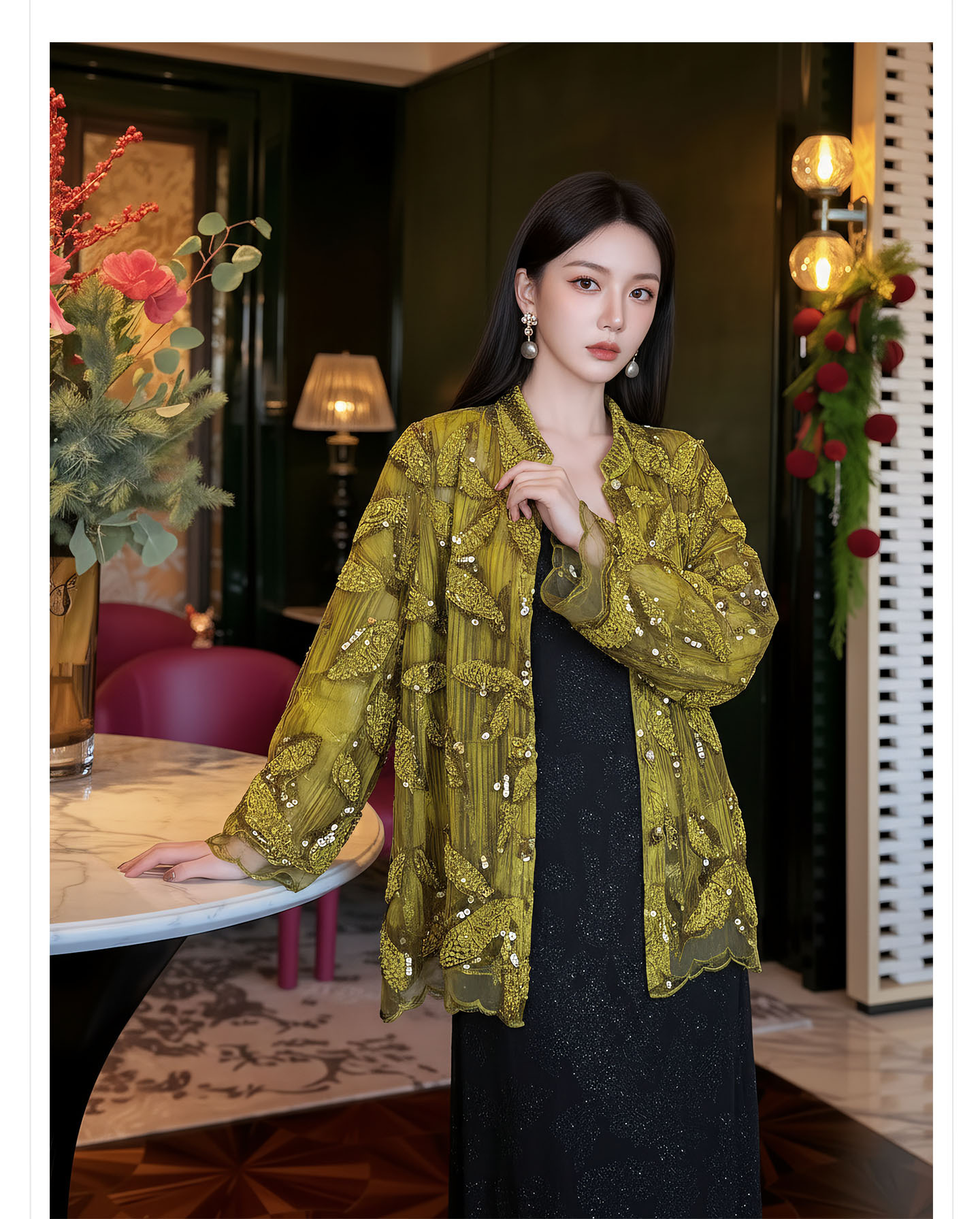 Bộ áo kiểu tân cổ điển phối váy yếm ren hoa thêu — Bộ【Áo vàng xanh + Váy yếm màu matcha】, Áo vàng xanh, Váy yếm màu matcha, Váy yếm đen cao cấp chi tiết 10
