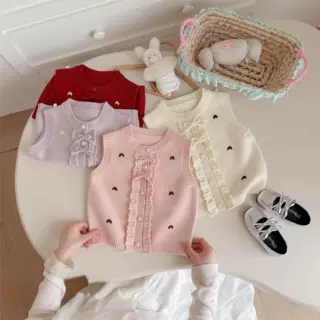 芭柔家童装 绣花女童木耳边马甲纯色背心2026新款韩版秋儿童毛衣