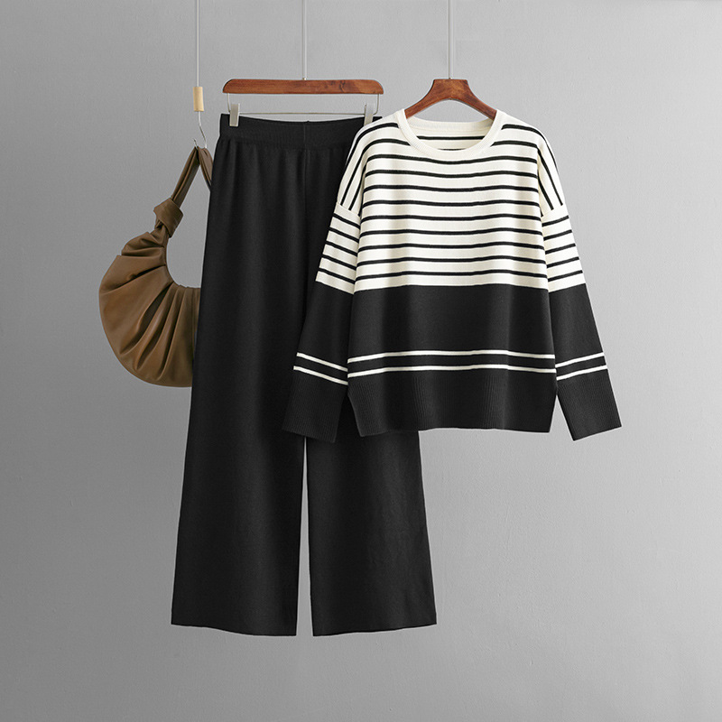 546g Weight Long Sleeve Sleeve Length Adhesive Fiber, knit Fabric Type Pant Co-ord Set Sets Type 2 Pieces Set Quantity Holiday, Daily Occasion Round Neck Neckline Loose Fit Type Stripe Pattern Winter, Autumn Season Women's Gender Casual, Simple Style Style Holiday Daily Women's Casual Simple Style Stripe Adhesive Fiber Knit Pant Co-ord Set Pants Sets 4
