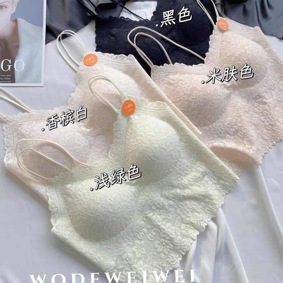 Ice Silk Naked Sense Lace Beautiful Back Camisole Vest Women's Belt Chest Pad Fixed Cup Inner Wearing Outer Wearing Short Beautiful Back Top for Women