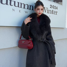 狐狸毛领羊毛大衣女中长款2024秋冬季新款宽松显瘦高端羊毛呢外套