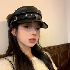 韩国五角星皮带扣海军帽秋冬百搭显脸小鸭舌帽子女款PU皮质贝雷帽