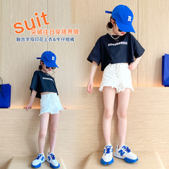 Girls' Summer 2024 Medium and Large Children's Fashion Thin Drawstring Denim Shorts T-Shirt Set