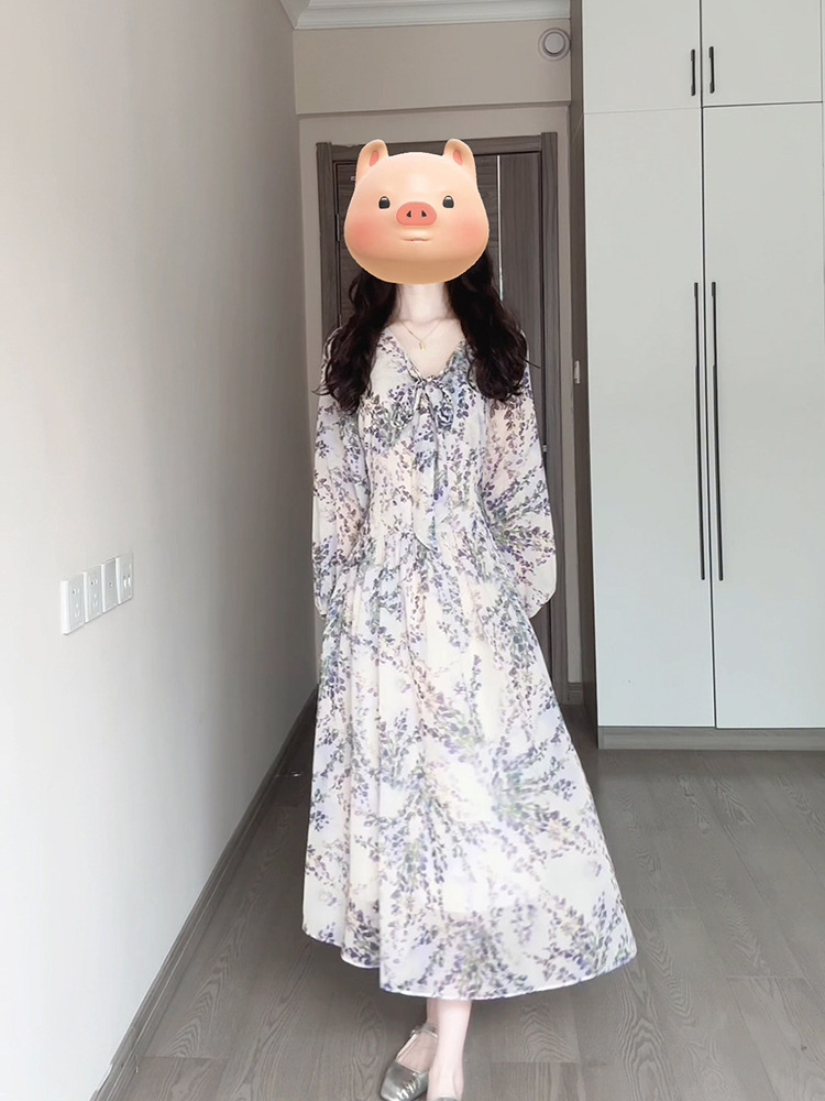 Đầm maxi nữ thắt eo voan hoa Pháp tay dài — Tím