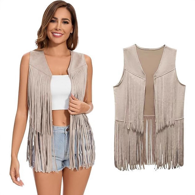 Women's Lace Vest 60S 70S Hippie Sleeveless Faux Suede Tassel Leather Jacket Hippie Party