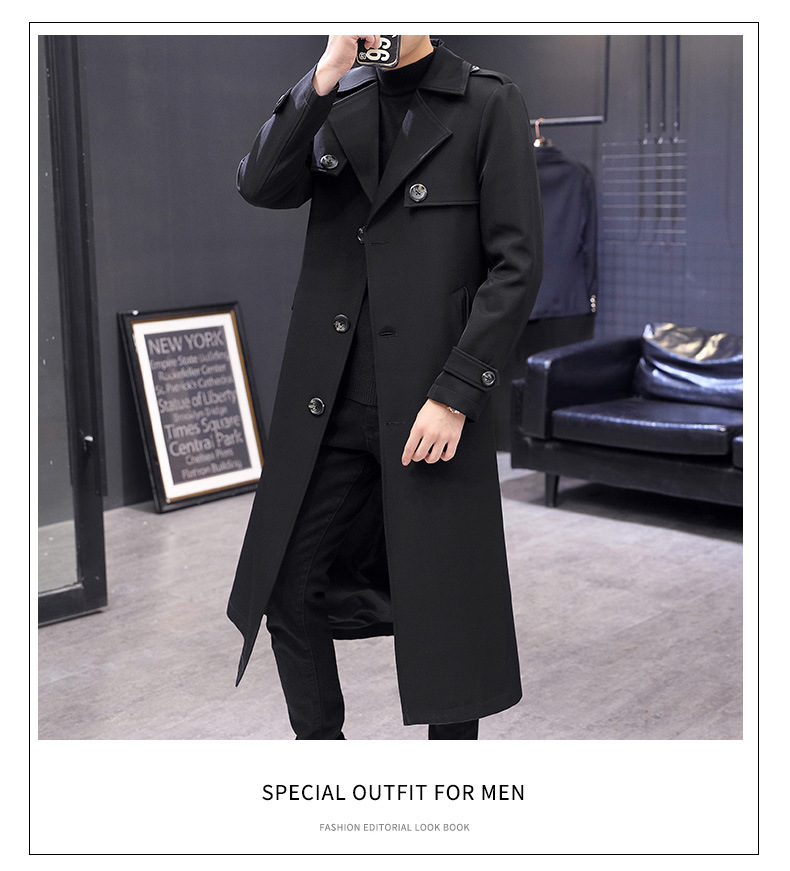 Mens Single-breasted Slim Fit Long Trench Coat Lapel Windbreaker