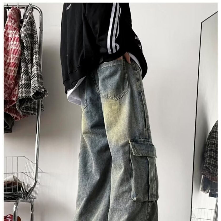 Men's Wide-Leg Cargo Jeans Summer Trendy Brand Large Pocket Loose Pants Washed Retro High Street Floor-Length Trousers