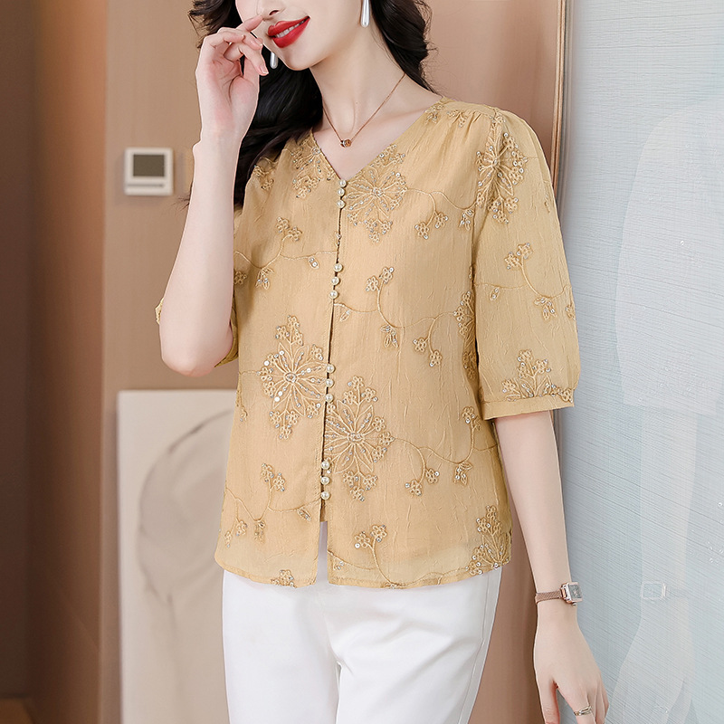 Yle8191 New Chinese-Style Sequined Fashionable Chiffon Embroidered Shirt for Women 2025 Summer New Loose Slimming Top