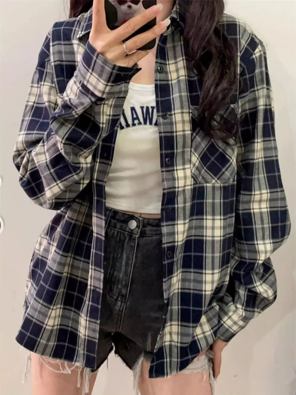 欧美宽松大码格子衬衫女式春秋季韩系慵懒风防晒上衣休闲衬衣外套|undefined