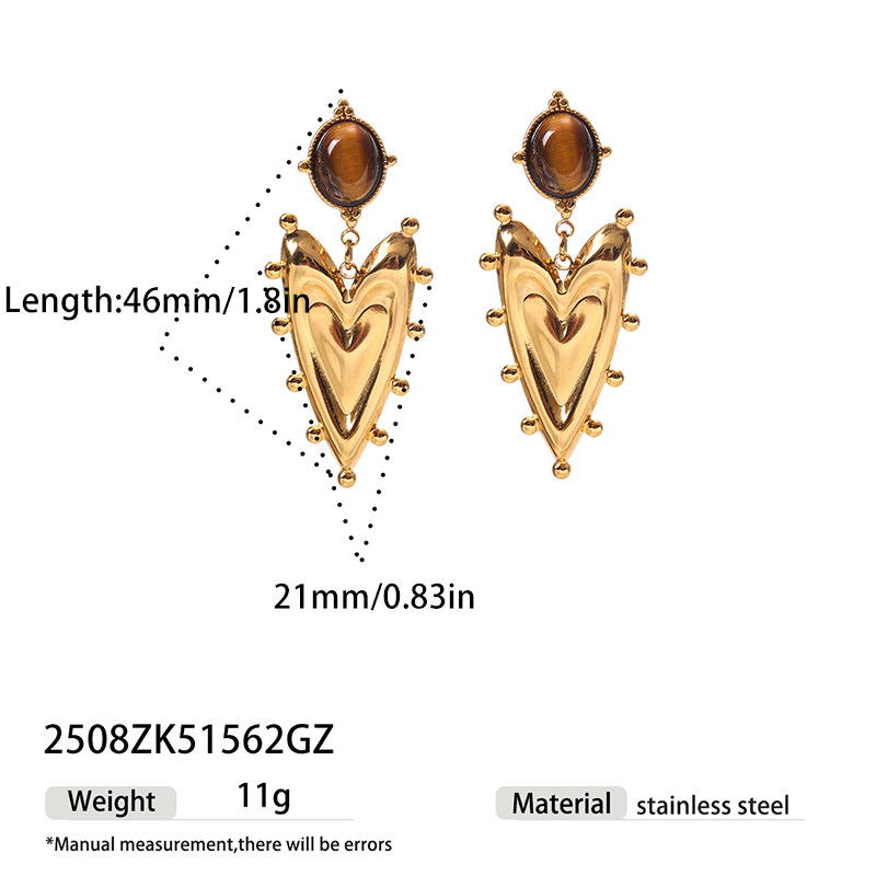 TENA estilo francés antiguo amor colgante de piedra natural pendientes de lujo ligero retro acero inoxidable orejas doradas para mujeres