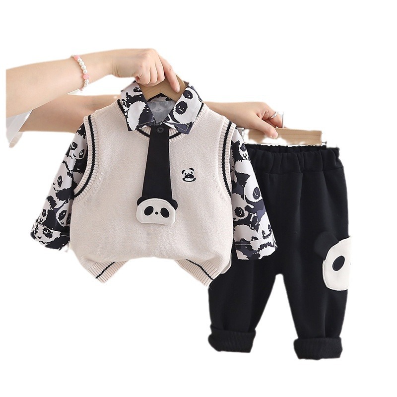 Frühling Herbst Neue Kinder Strickpullover Weste Strickjacke Dreiteiliges Jungen und Mädchen Cartoon Shirt Set_voghion.com