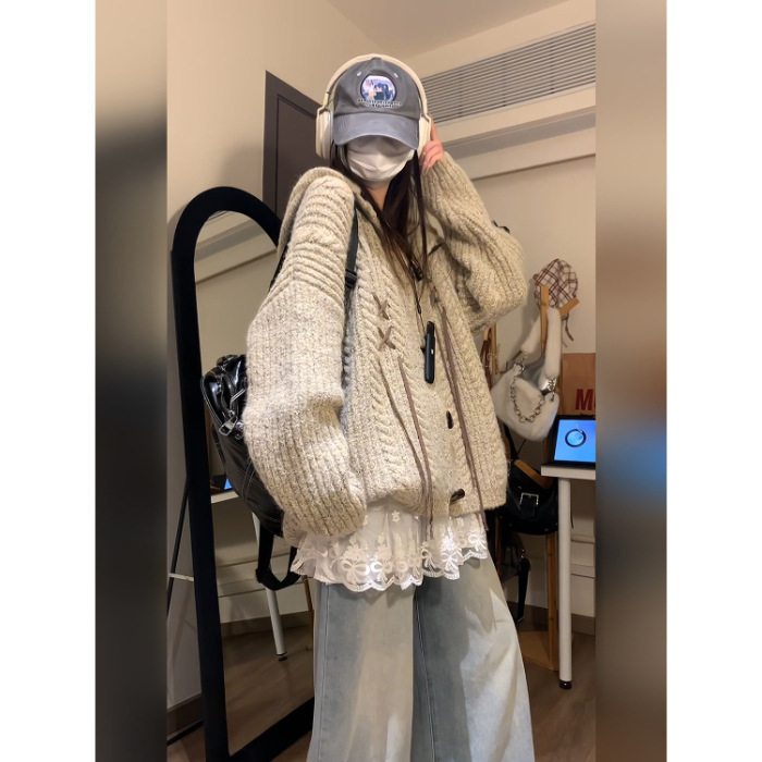 韩版穿搭连帽针织牛角扣开衫毛衣女秋冬百搭休闲软糯帽衫外套上衣|undefined