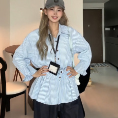 大码胖mm早秋长袖条纹衬衫设计感收腰显瘦衬衣女洋气减龄小衫上衣