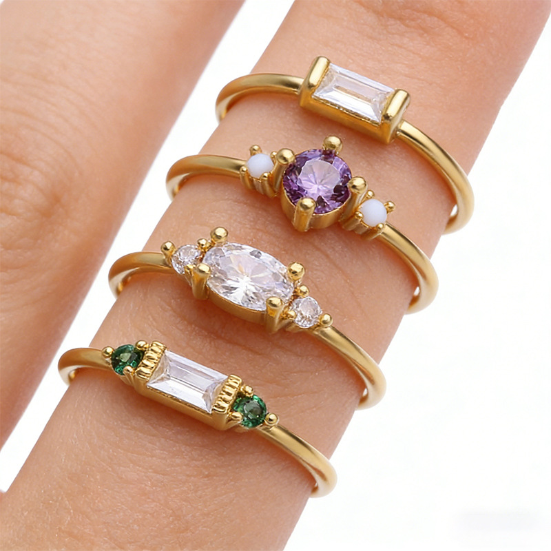 Wish Hot-Selling 18K Gold-Plated 4-Piece Ring Set, European and American Simple Style with Zircon Inlay, Versatile Star Track Design Engagement Ring Set