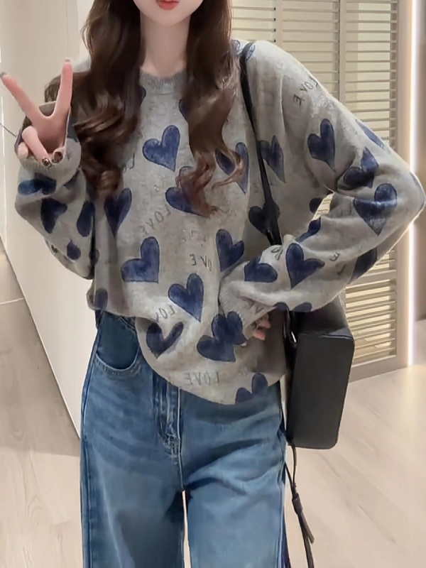 慵懒宽松长袖针织衫毛衣女2025秋季大码胖MM显瘦减龄爱心字母上衣|undefined