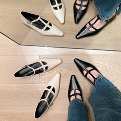 法式復古尖頭淺口春季新款單鞋女真皮丁字帶平底百搭鏤空瑪麗珍鞋