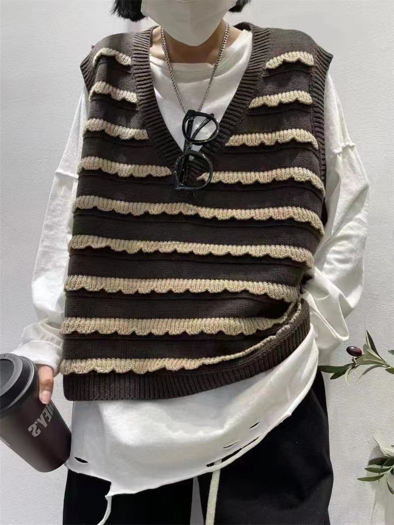 波浪纹拼色毛衣背心女 秋冬v领外搭针织马甲叠穿慵懒风大码坎肩厚