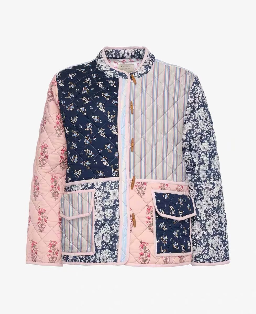 2024 Winter New Women's Stand up Collar Printed Quilted Loose Casual Splicing Cotton Coat for Women_voghion.com