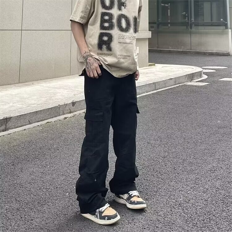 Men's Winter Trendy Loose Cargo Pants with Large Pockets, High Street Vibe, Flared Straight-Leg Scimitar Pants Men's Winter Trendy Loose Cargo Pants with Large Pockets, High Street Vibe, Flared Straight-Leg Scimitar Pants