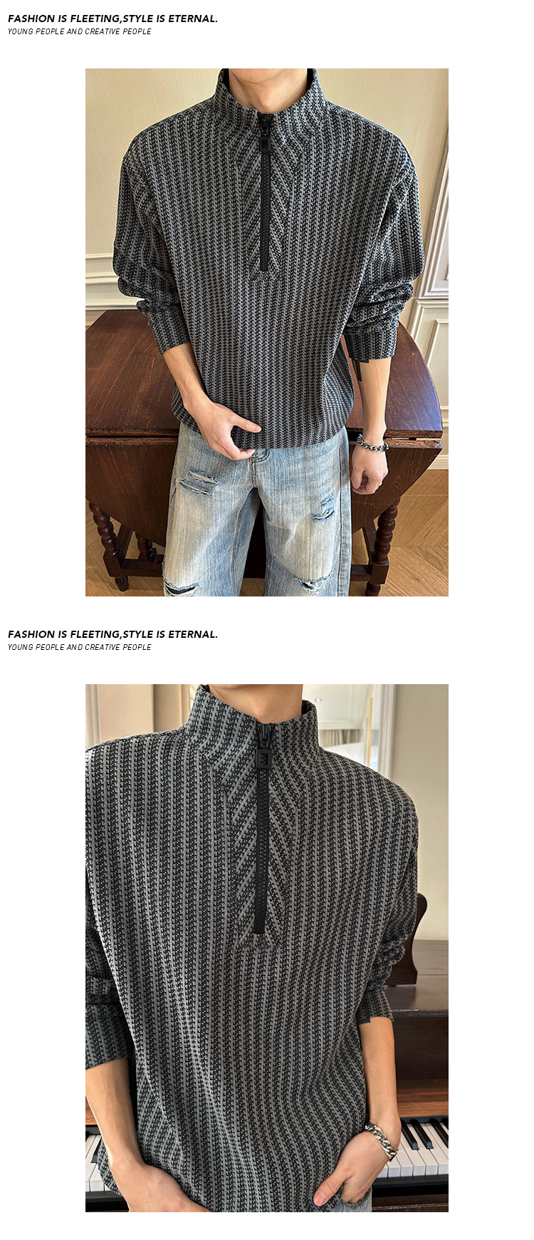 Sweatshirt With Half-zip Stand-up Collar And Herringbone Pattern_voghion.com