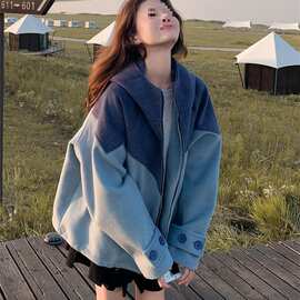 灰蓝色撞色连帽毛呢外套女秋冬2025新款小个子呢大衣流行韩系设计