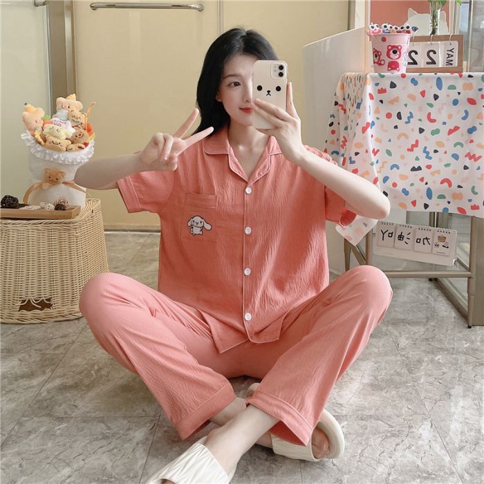 Pijamas transfronterizos al por mayor para mujer nube algodón otoño verano rebeca solapa pantalones de manga corta traje de servicio a domicilio simple y cómodo