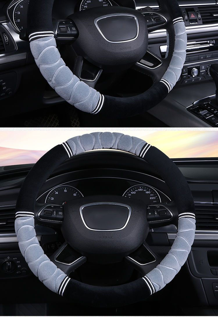 Winter plush car steering wheel cover, comfortable, suitable for all seasons, wear-resistant, sweat-absorbent, non-slip, flocking, car accessories