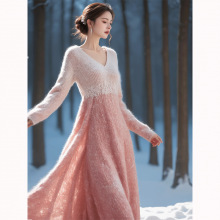 粉色领针织连衣裙女韩剧女主穿搭新品感假两件裙子打底内搭