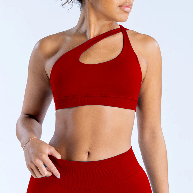 Sujetador deportivo mate ultrafino de alta elasticidad estilo DF para mujer con hombros asimétricos y diseño sin espalda para yoga, correr, fitness y entrenamiento deportivo.