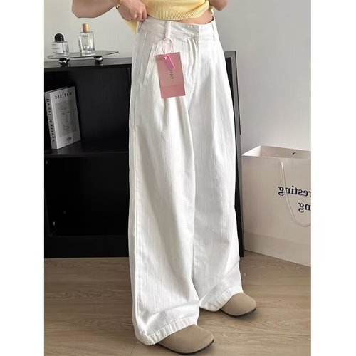 Women's Spring and Summer White High-Waisted Wide-Leg Denim Pants with Pleated Texture Design, Versatile Straight Leg Pants that Make You Look Taller and Floor-Length