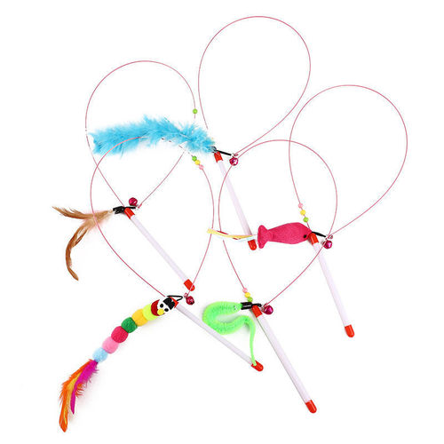 Cat toys funny cat stick steel wire feather bite-resistant small fish long pole with bell replaceable head pet cat supplies