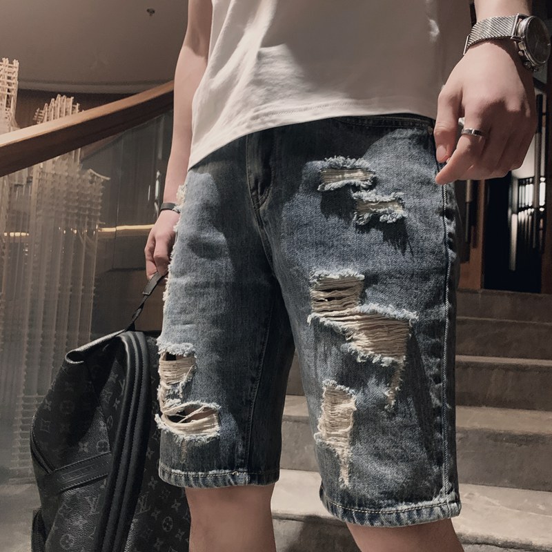 2022 Summer Ripped Denim Shorts Men's Trendy Brand Fashionable Casual Straight Pants Spiritual Guy Pants