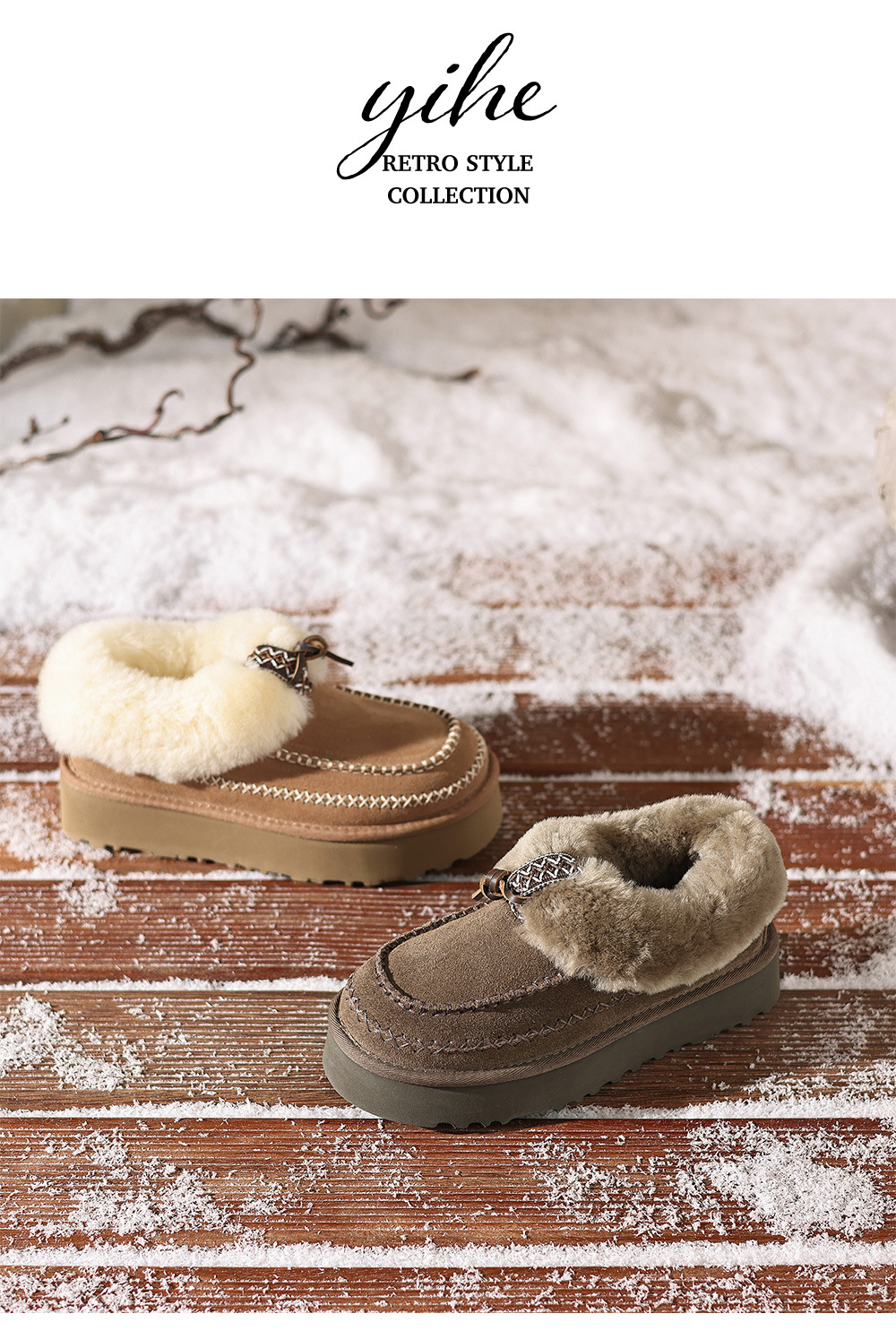 Boot tuyết nữ da cừu liền thân lót lông dày giữ ấm đế dày 4 cm — con linh dương màu nâu chi tiết 14