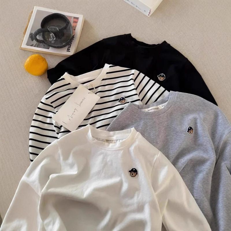 Boys' Long-Sleeve T-Shirt 2026 Spring and Autumn Unisex Loose Trendy Cartoon Bear T-Shirt Baby Striped Base Shirt Top