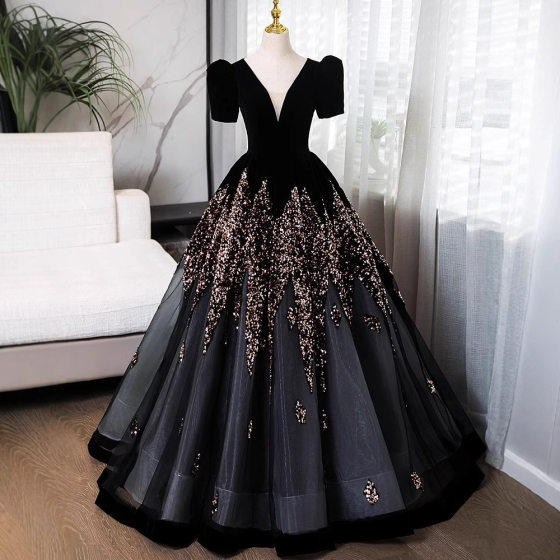 Black V-neck Evening Dress High-end Light Luxury Niche Host Show Solo Art Test Performance Dress Elegant Socialite