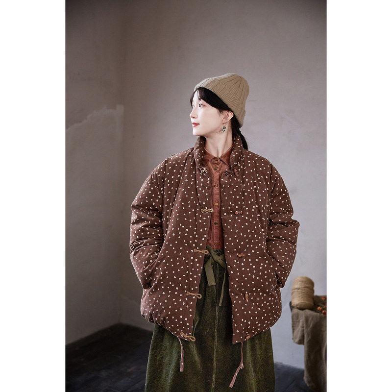 New Style [Folk Art] Winter Vintage-Style Coffee-Colored Caramel Polka Dot Corduroy Light Chinese-Style Warm down Jacket