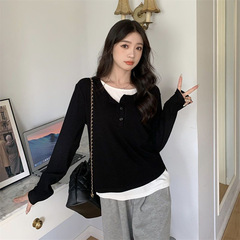 やせて見える偽の長袖のtシャツの女性の大きいサイズは上着をつなぎ合わせます。
