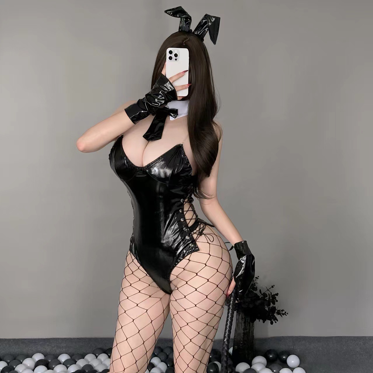 Bunny Girl Leather-Look Uniform Set with Open-Crotch Bodystocking and Gloves — detail image 7