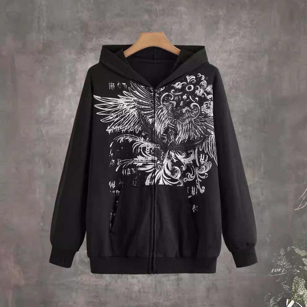 Felpa con cappuccio con cerniera, stampata con motivo animalier, comoda, casual e ampia, in stile americano_voghion.com