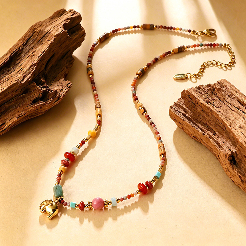 European and American Cross-Border Vintage Colored Stone Splicing Small Gold Elephant-Shaped Pendant Stylish Beaded Necklace