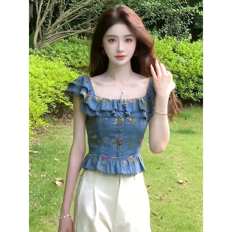 法式甜美衬衫女重工刺绣方领荷叶边2025夏季新款女装修身短款上衣|undefined