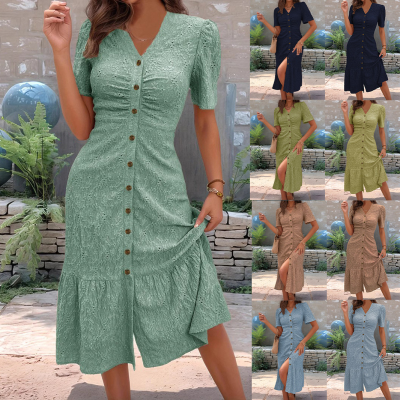 2026 New Summer European and American Cross-Border Amazon Ebay Doll Collar Foreign Trade Short-Sleeve Solid Color Fashion Dress for Women 2026 New Summer European and American Cross-Border Amazon Ebay Doll Collar Foreign Trade Short-Sleeve Solid Color Fashion Dress for Women