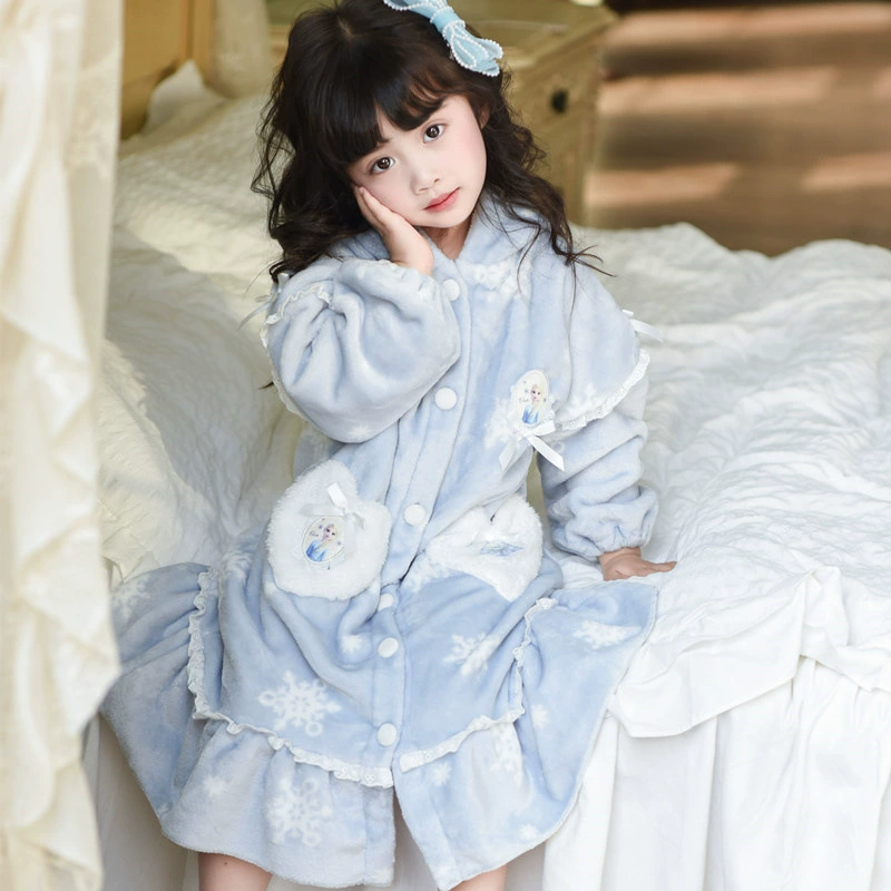 Домашний костюм-пижама из фланелевого кораллового флиса для девочек на осень-зиму, комплект с халатом и платьем Эльзы в милом стиле принцессы